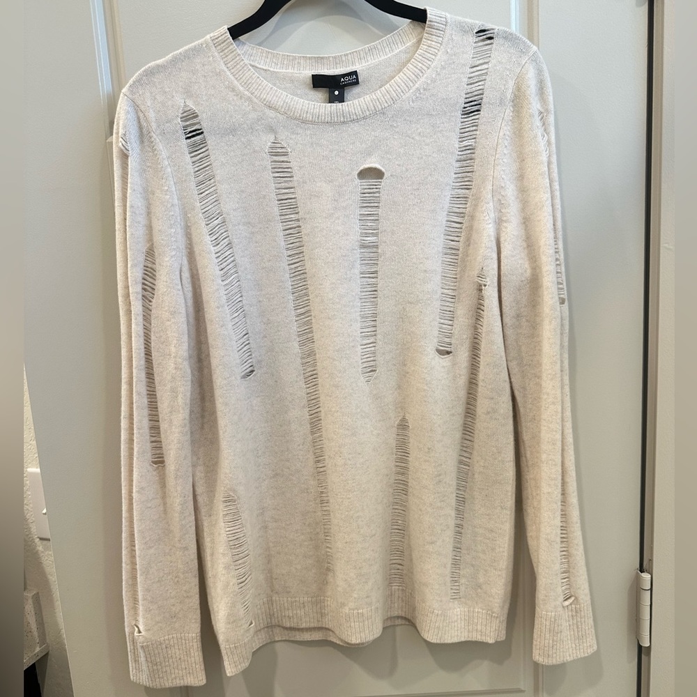Aqua Distressed Crewneck Sweater in Light Beige